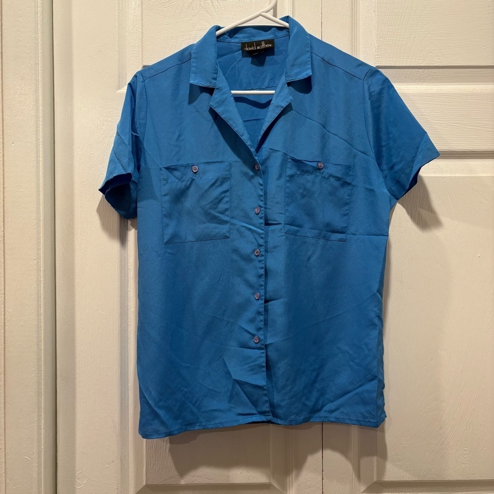 Vintage David Matthew Blue Short Sleeve Button Up Top - Size 8